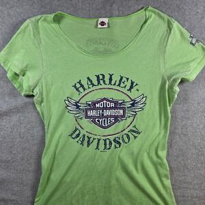 Harley-Davidson Baby Tee Biker Women M Green Burnout Rhinestone Los Cabos 2016
